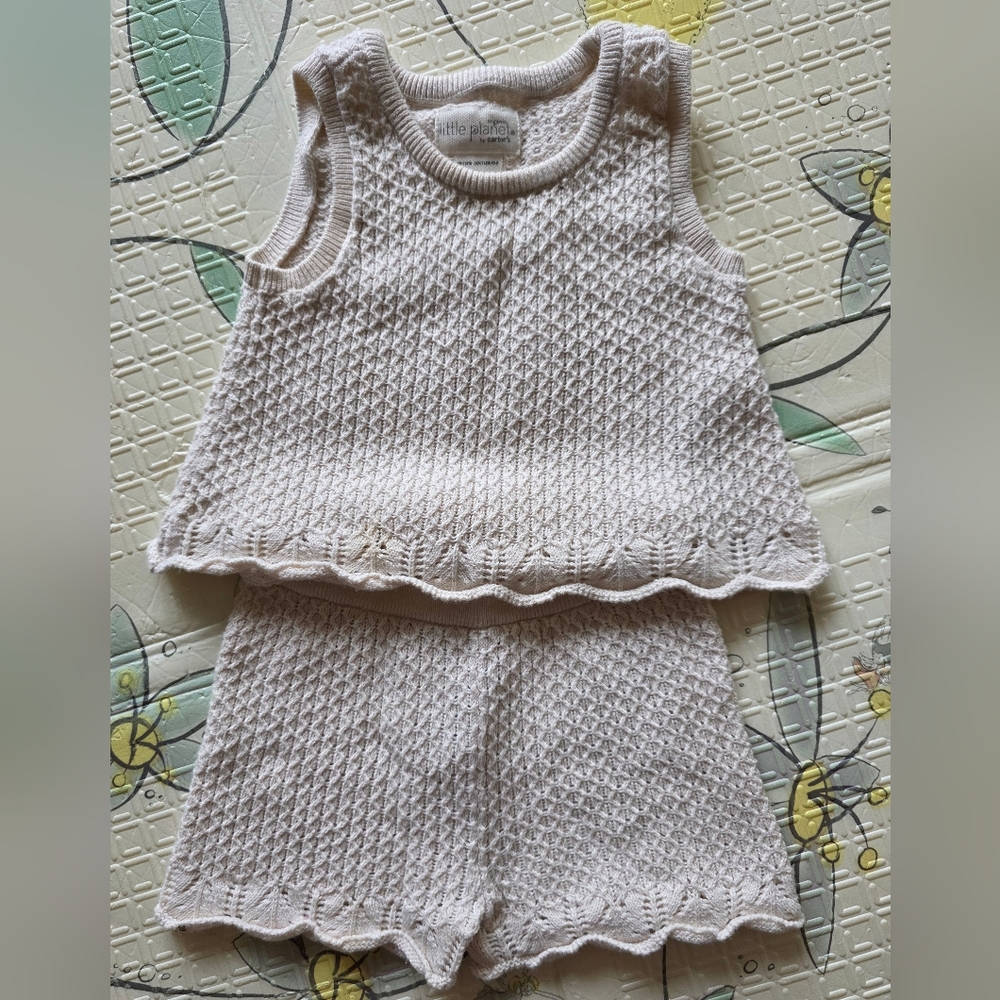 Carters Baby Girl 12M Neutral Beige Crochet Knit Outfit Set 100% Organic Cotton